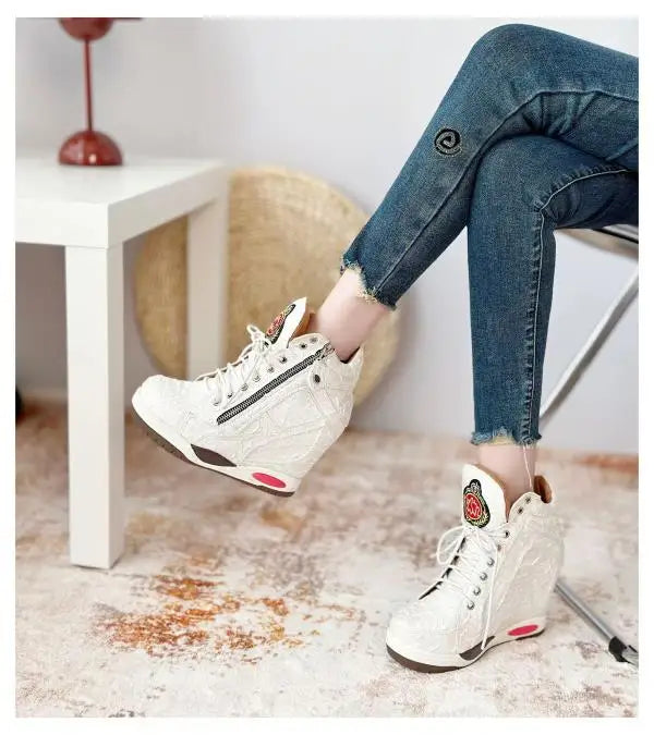Womens Sneakers Shoes Fashion Platform Designer Thick Sole Casual Hoof Heels TPR Autumn Round Toe Solid High Increased Inte