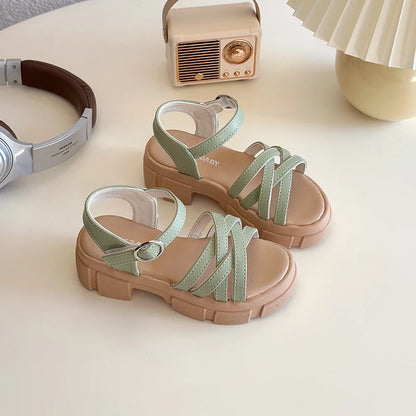 Girls Sandals 3-18 Years Old Beige Open-toe Woven Kids Beach Shoes Summer New Green Fashion Hundred Children's Sandals Shoes