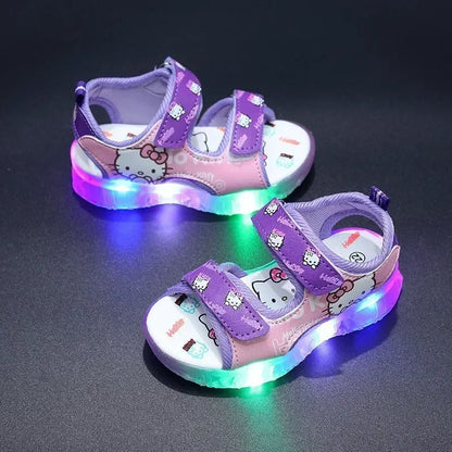 Summer New Baby Girls Led Light Sandals Cute Hello Kitty Children's Casual Shoes Anti-slip Kids Beach Shoes Outdoor Shoes