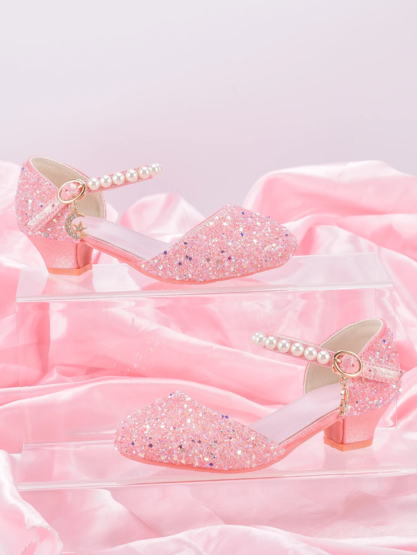 Girls' Princess Style High Heel Shoes With Shiny Star Pendant Decoration, Suitable For Dress And Birthday Party