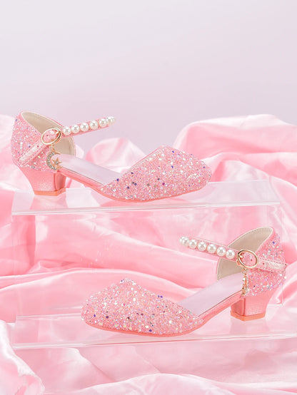 Girls' Princess Style High Heel Shoes With Shiny Star Pendant Decoration, Suitable For Dress And Birthday Party