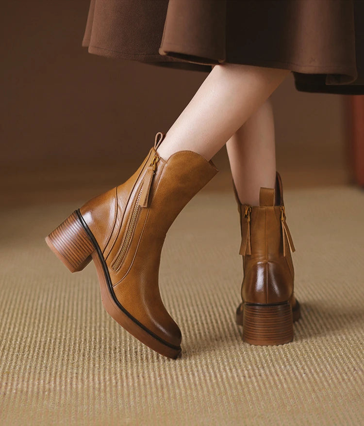 Women's Boots Spring and Autumn New Chelsea Boots Thick Heel Brown Short Leather Shoes for Women High Heels platform shoes