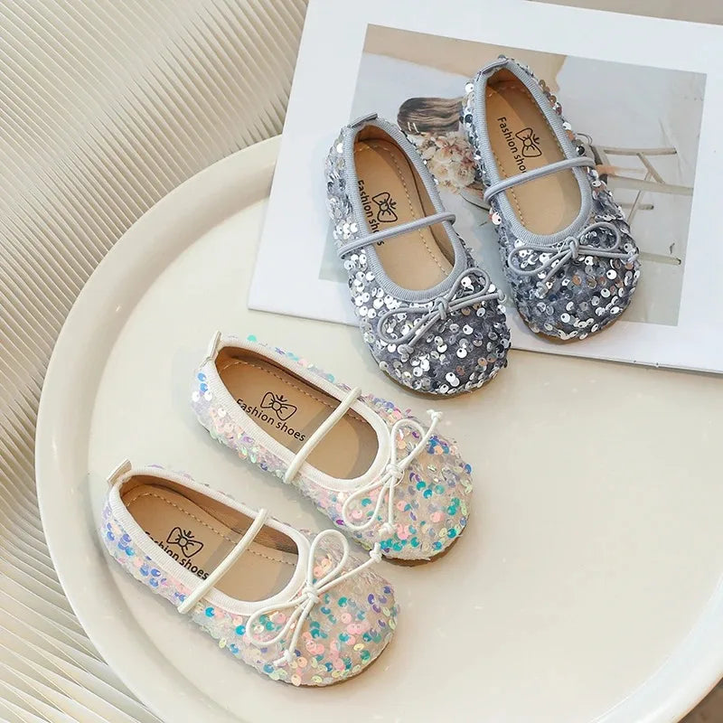 Girls' Shoes Spring New Fashion Little Girl Sequin Princess Shoes Soft Sole Girls' Shallow Mouth Single Shoes Breathable
