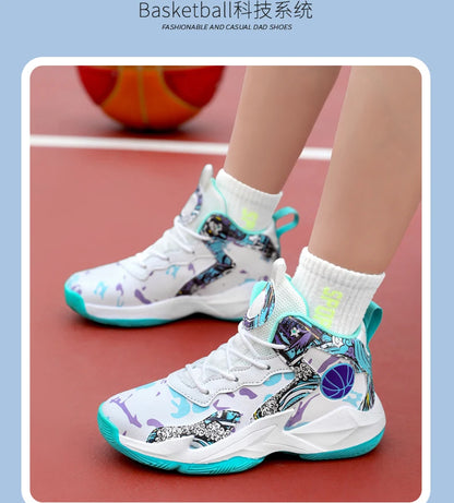 Fashion Basketball Shoes for Kids High-top Sneakers Children Casual Sports Shoes Ankle-protected Anti-slippery Gym Trainers Boys