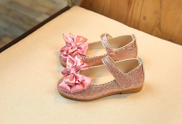 Glitter with Bow-knot Princess Sweet Bling Dress Shoes for Dance Party Girls Leather Shoes for Toddlers Kids Big Children Flats