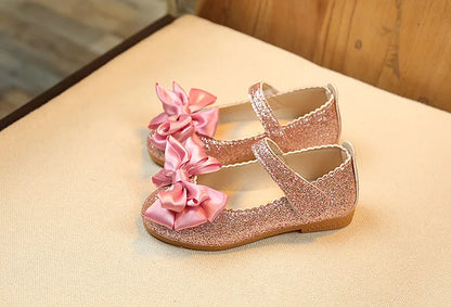 Glitter with Bow-knot Princess Sweet Bling Dress Shoes for Dance Party Girls Leather Shoes for Toddlers Kids Big Children Flats
