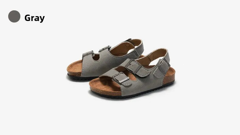 Boys Summer Soft Soled Cork Sandals Children One Line Herringbone Slippers Girl Beach Breathable Double Ring Buckle Casual Shoes