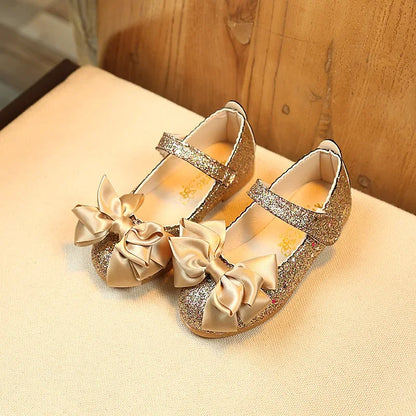 Glitter with Bow-knot Princess Sweet Bling Dress Shoes for Dance Party Girls Leather Shoes for Toddlers Kids Big Children Flats