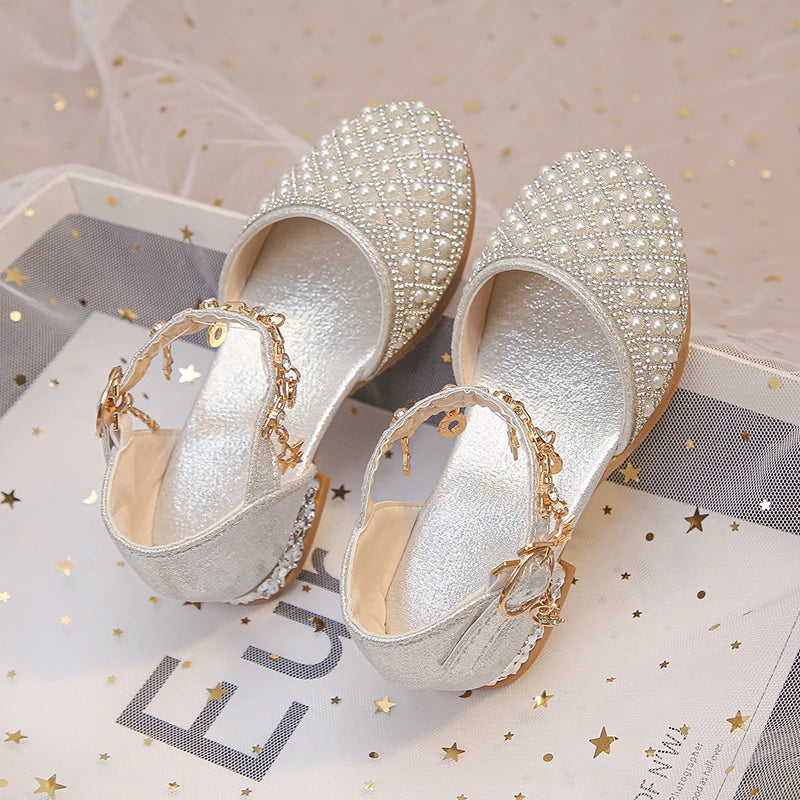 Girls Dress Shoes for Wedding Party Glitter Rhinestone with Pendants Shiny Glitter Fashion Princess Kids Leather Shoes High Heel