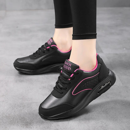 New Women's Fashionable Sneakers Leather Women's Casual Shoes Lace Up Flat Shoes Ladies Lightweight Fitness Walking Shoes