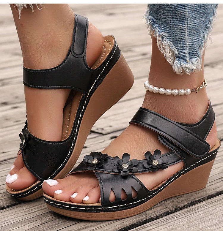 Women's Sandals New Wedges Heels Sandals For Summer Shoes Women Luxury Flower Sandalias Mujer Soft Heeled Summer Footwear