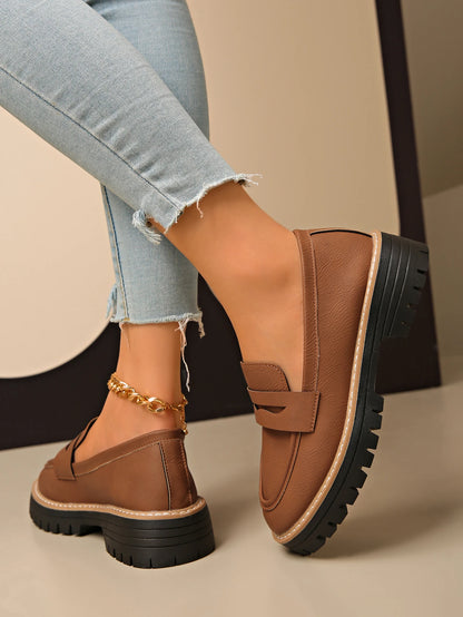 New Black/Brown Solid Color Thick-Soled Loafers Women's Platform Slip-On Shoes Retro Versatile Small Leather Shoes for Commuting