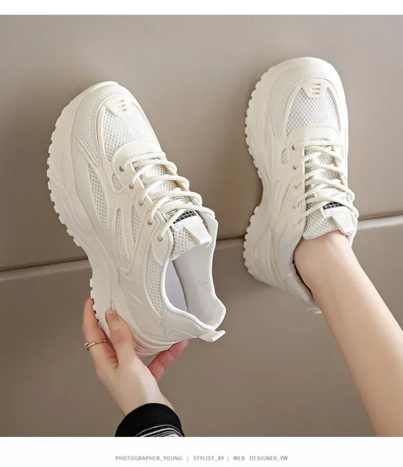 White Sneakers Women New Leather Chunky Sneakers Women's Sports Shoes Thick Tennis Vulcanized Shoes Basket Platform Shoes