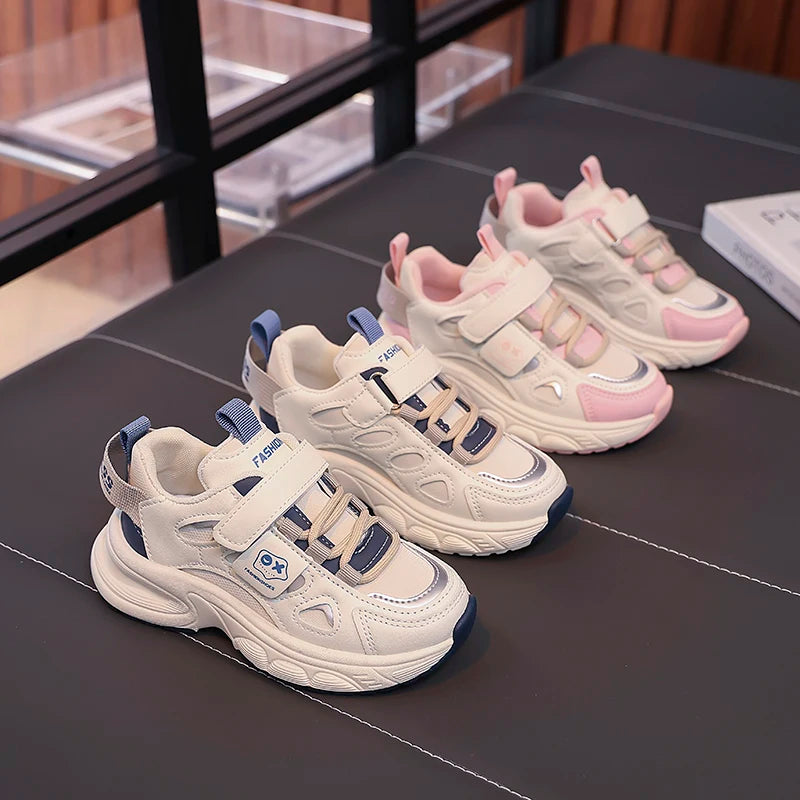Boys Girls Sports Shoes Non-slip Trendy Students Sneakers Thick Soft Sole 2025 New Fashion Children Running Shoes Hook&loop