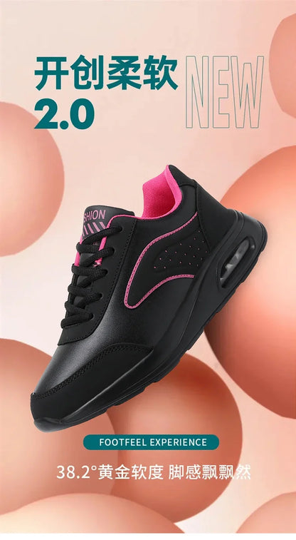 New Women's Fashionable Sneakers Leather Women's Casual Shoes Lace Up Flat Shoes Ladies Lightweight Fitness Walking Shoes