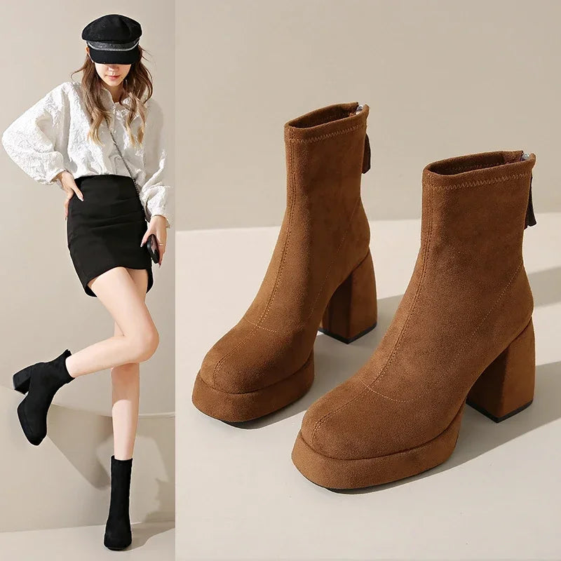 Women's Fashion High-heeled Boots Winter New British Style Soft Sole Anti-slippery Catwalk Versatile Keep Warm Leather Shoe
