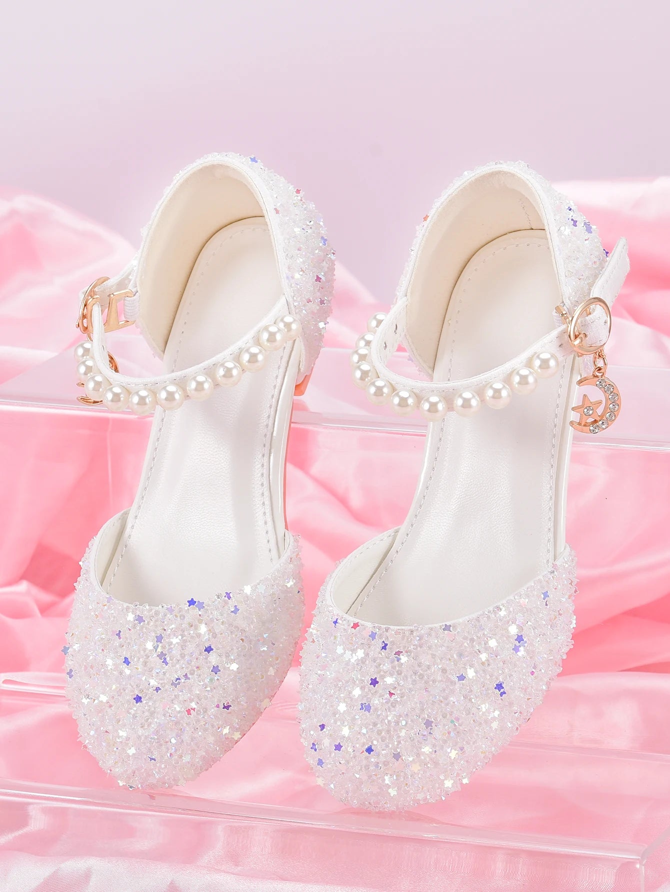 Girls' Princess Style High Heel Shoes With Shiny Star Pendant Decoration, Suitable For Dress And Birthday Party
