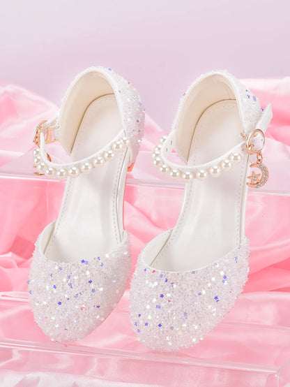 Girls' Princess Style High Heel Shoes With Shiny Star Pendant Decoration, Suitable For Dress And Birthday Party
