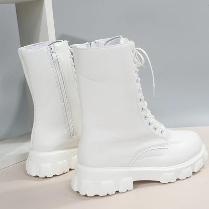 Boots Women Autumn Winter PU Leather White Ankle Boots Motorcycle Botines Female Chunky Heels Platform Boots Botas Mujer