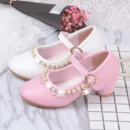 New Princess Kids High Heels Shoes Girls Wedding Dress Party Leather Shoes Children's White Shoes Performance Shoes for Students
