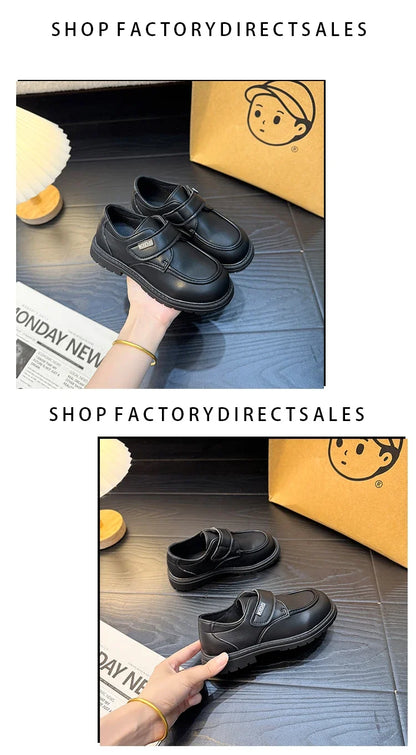 Boys Casual Leather Shoes Black Party Shoes for Formal Wedding School Fashion Classic Hook & Loop Kids Fashion Casual Loafers
