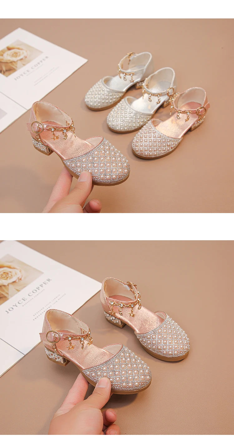 Girls Dress Shoes for Wedding Party Glitter Rhinestone with Pendants Shiny Glitter Fashion Princess Kids Leather Shoes High Heel