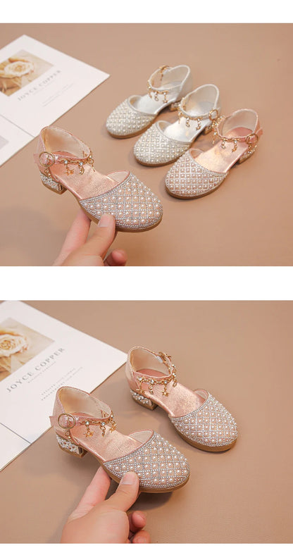 Girls Dress Shoes for Wedding Party Glitter Rhinestone with Pendants Shiny Glitter Fashion Princess Kids Leather Shoes High Heel