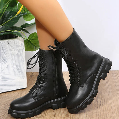 Boots Women Autumn Winter PU Leather White Ankle Boots Motorcycle Botines Female Chunky Heels Platform Boots Botas Mujer
