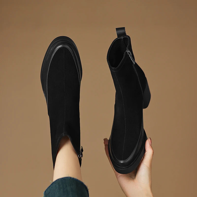 New Women's Short Boots Genuine Leather Retro Chunky Heel High Heel Boots Female Large Size Pointed Toe Women Ankle Boots