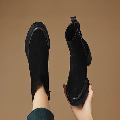 New Women's Short Boots Genuine Leather Retro Chunky Heel High Heel Boots Female Large Size Pointed Toe Women Ankle Boots