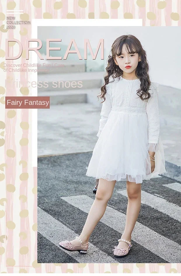 Princess Party Girls' Shoes Children's Wedding Shoes Mary Jane Flats Elastic Shoes Baby Fashion Pearl Diamond kids Dance Shoes