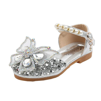 New Children's Party Wedding Children Shoes Sequin Lace Bow Kids Shoes Cute Pearl Princess Dance Single Casual Girls Shoe