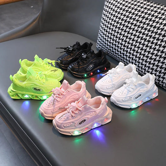Boys New Cartoon Sneakers Children Baby  Spring Breathable Mesh LED Luminous Sports Shoes Kids Casual Autumn Light Up Shoes