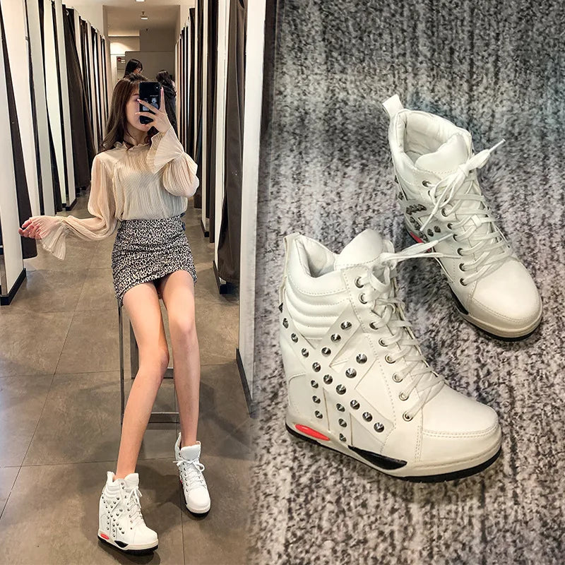 Womens Sneakers Shoes Fashion Platform Designer Thick Sole Casual Hoof Heels TPR Autumn Round Toe Solid High Increased Inte