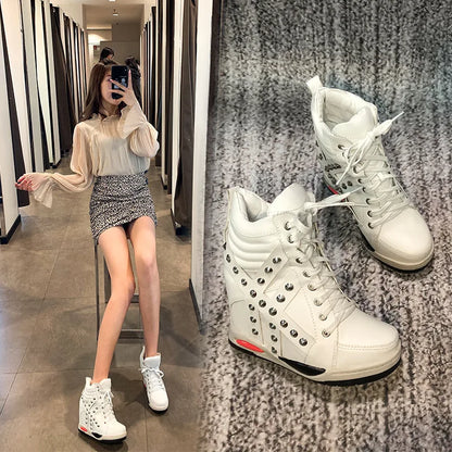 Womens Sneakers Shoes Fashion Platform Designer Thick Sole Casual Hoof Heels TPR Autumn Round Toe Solid High Increased Inte
