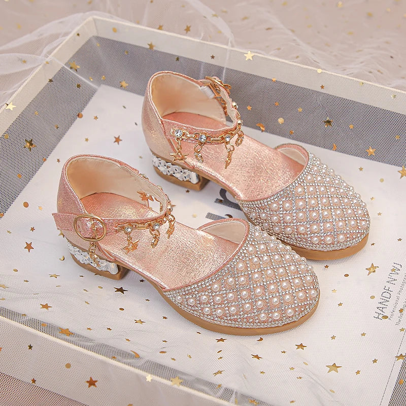 Girls Dress Shoes for Wedding Party Glitter Rhinestone with Pendants Shiny Glitter Fashion Princess Kids Leather Shoes High Heel