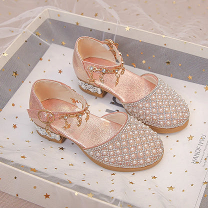 Girls Dress Shoes for Wedding Party Glitter Rhinestone with Pendants Shiny Glitter Fashion Princess Kids Leather Shoes High Heel