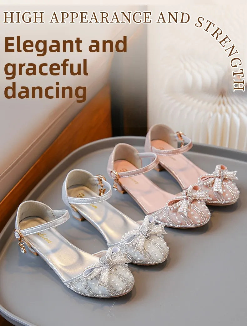 Girls' Bow Sandals Fashion Princess Shoes for Party Wedding 2025 Summer New Kids Rhinestone High Heels Children's Leather Shoes