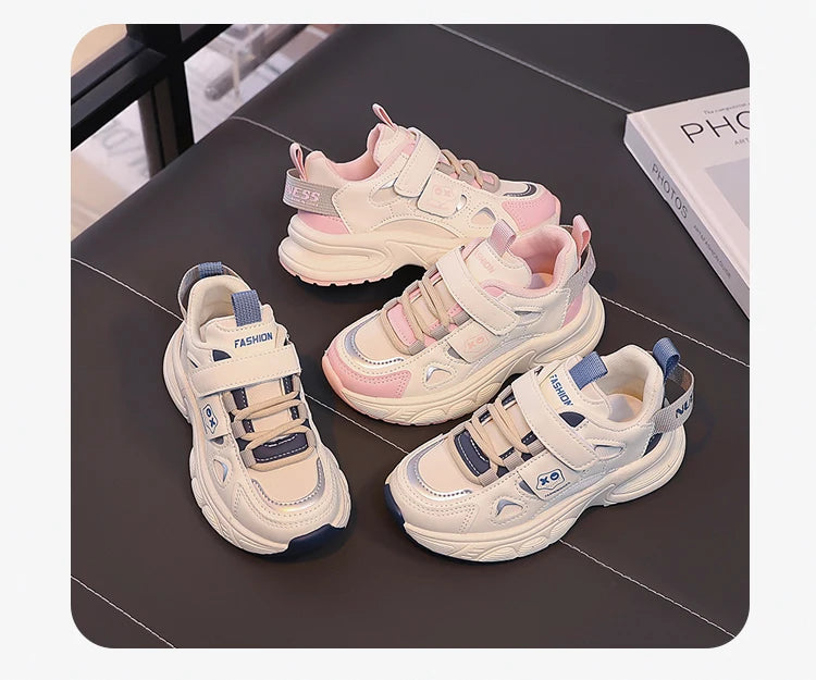Boys Girls Sports Shoes Non-slip Trendy Students Sneakers Thick Soft Sole 2025 New Fashion Children Running Shoes Hook&loop