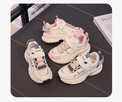 Boys Girls Sports Shoes Non-slip Trendy Students Sneakers Thick Soft Sole 2025 New Fashion Children Running Shoes Hook&loop