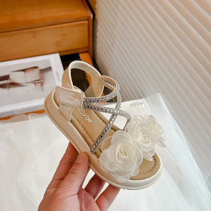 Girls Princess Sandals with Flowers Summer Fashion Children Rhinestone Performance Shoes Big Kids Gladiator Sandals 2025 New