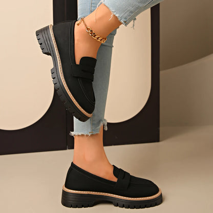 New Black/Brown Solid Color Thick-Soled Loafers Women's Platform Slip-On Shoes Retro Versatile Small Leather Shoes for Commuting