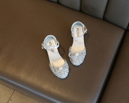 Girls High Heels for Kids Party Wedding Evening Dress Shoes Fashion Bow Diamond Crystal Shoes Princess Stockings Girl Sandals