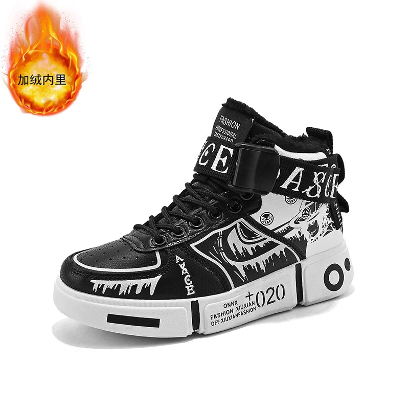 Boys' high-top sneakers Autumn new style children's sports shoes Buckle student soft-soled fleece casual shoes