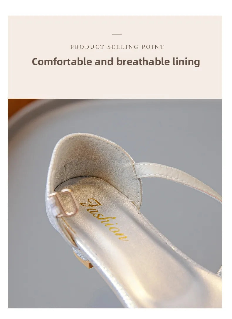 Girls' Bow Sandals Fashion Princess Shoes for Party Wedding 2025 Summer New Kids Rhinestone High Heels Children's Leather Shoes