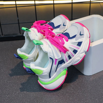Girl's Color Block Mesh Breathable Chunky Shoes Comfy Non Slip Lace Up Durable Sneakers For Kid's Outdoor Activities