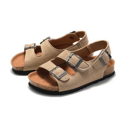 Boys Summer Soft Soled Cork Sandals Children One Line Herringbone Slippers Girl Beach Breathable Double Ring Buckle Casual Shoes