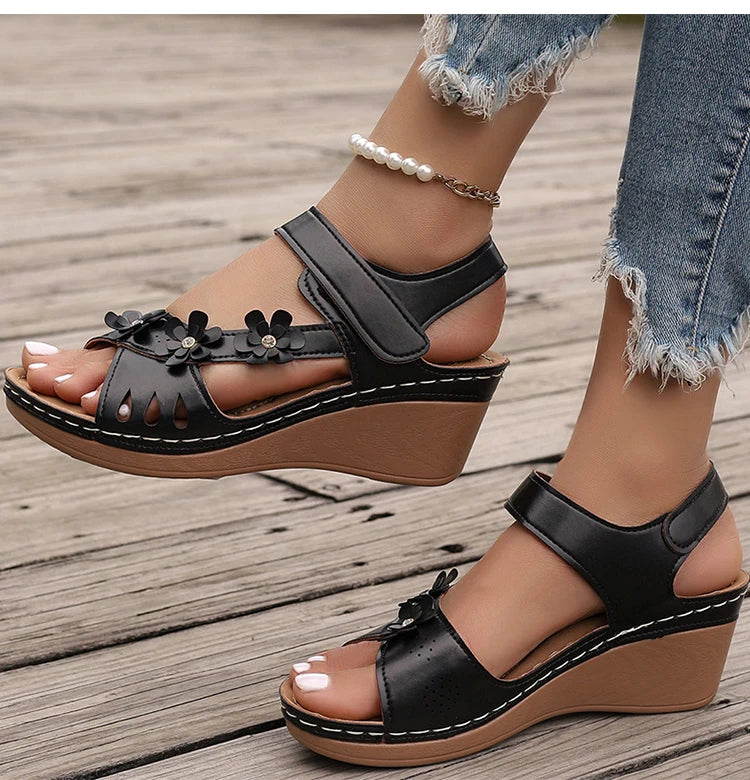 Women's Sandals New Wedges Heels Sandals For Summer Shoes Women Luxury Flower Sandalias Mujer Soft Heeled Summer Footwear