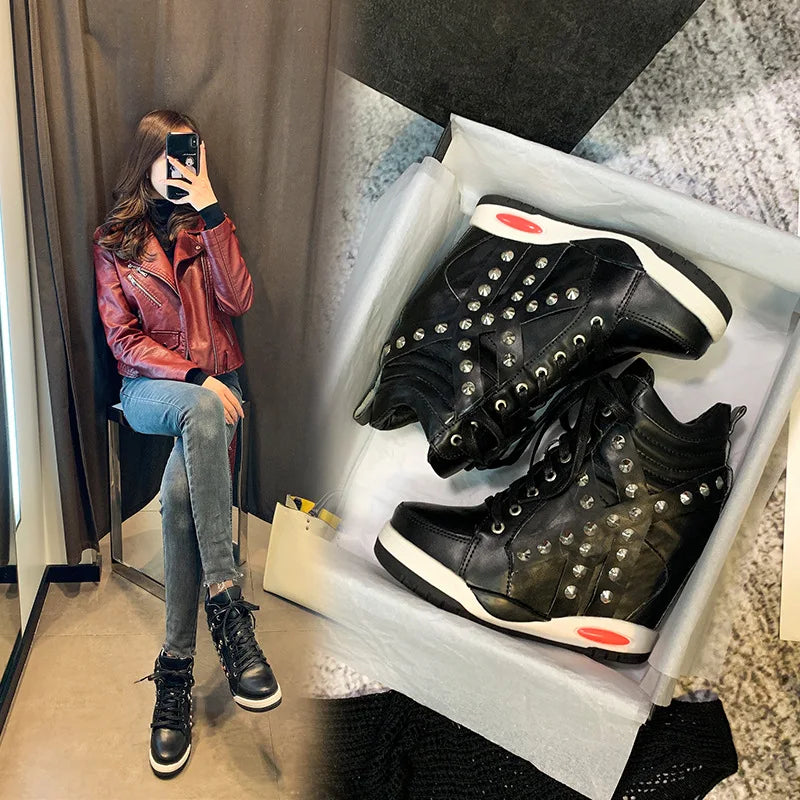 Womens Sneakers Shoes Fashion Platform Designer Thick Sole Casual Hoof Heels TPR Autumn Round Toe Solid High Increased Inte