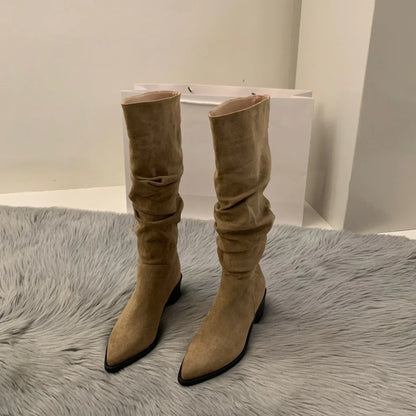 Women's Suede High-heeled Boots for Autumn and Winter, New Plush Pointed Stacking Boots, Fashionable Outdoor Knight Boots